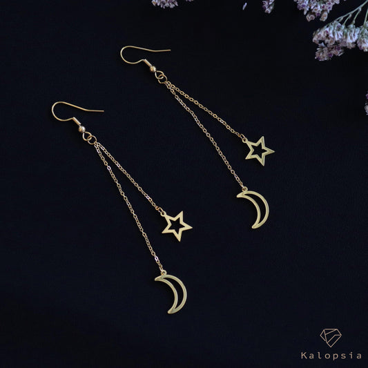 Moon & Star Chain Earring - Kalopsia Accessories